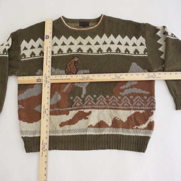 VTG Olive Green Bear Wildlife Fair Isle Graphic Outdoor Knit Crewneck Sweater XL - Picture 3 of 12